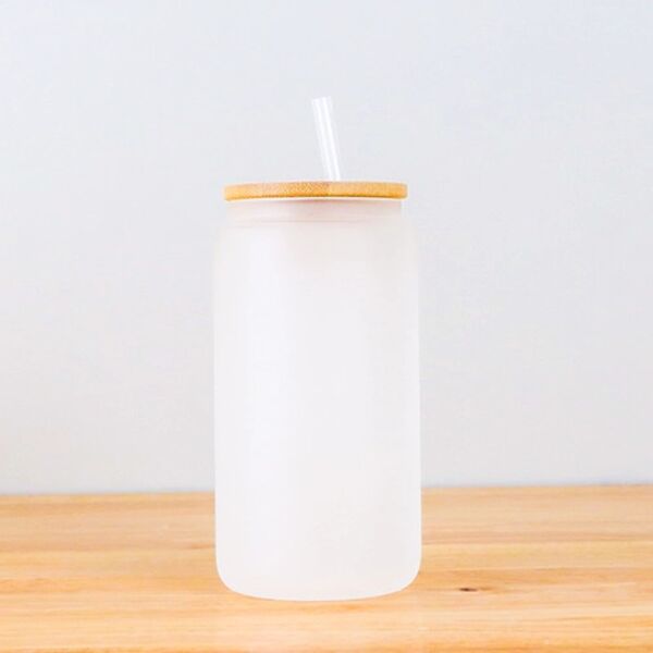 16 oz Frosted Glass Bamboo Lid Tumbler with Plastic Straw Thumbnail