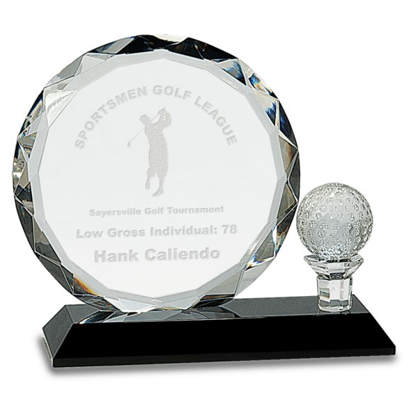 6 1/2" Round Facet Crystal with Golf Ball on Pedestal Base Thumbnail
