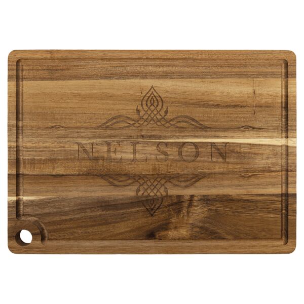 13 3/4" x 9 3/4" Acacia Cutting Board with Drip Ring and Corner Hole Thumbnail