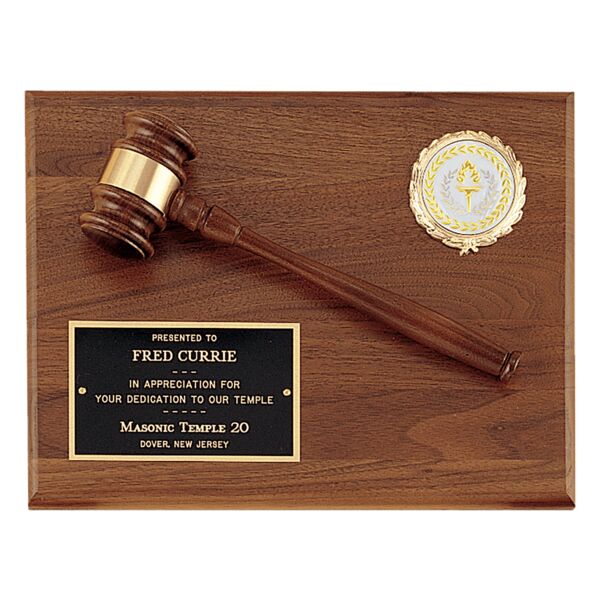 Solid Plaque with a Gavel, Gavel Band, Laserable Brass Plate and 2" Insert Holder (Insert Sold Separately) Thumbnail