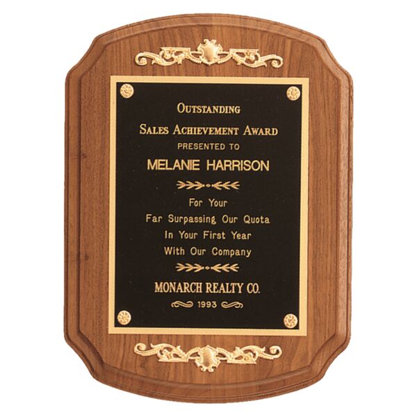 9" x 12" American Rounded, Scalloped Corner Plaque with Decorative Scrolls and a Border Laser Engravable Plate Thumbnail