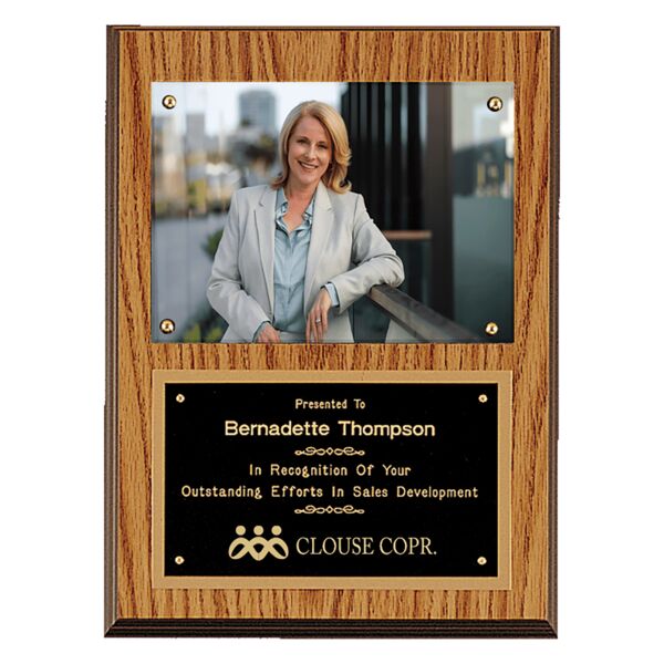 9" x 12" American Oak Finish Photo Plaque with Brass Plates-Photo Size 5" x 7" Thumbnail