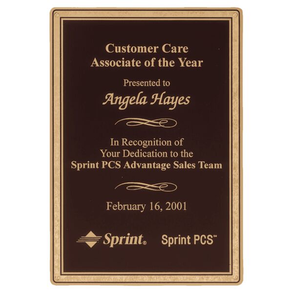 6 7/8" x 9 7/8" Laser Engravable Brass Plated Steel Plate with Florentine Border and Four Holes Thumbnail