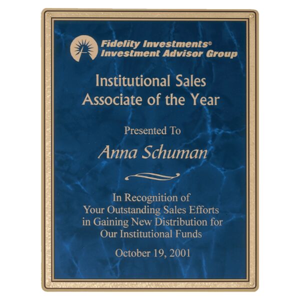 6 7/8" x 9 7/8" Sapphire Marble Brass Plated Steel Plate with Rounded Corners, Florentine Border, and Four Holes Thumbnail