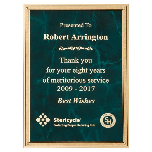 5 1/4" x 7 1/4" Emerald Marble Brass Plated Steel Plate with 4 Holes and Florentine Border Thumbnail