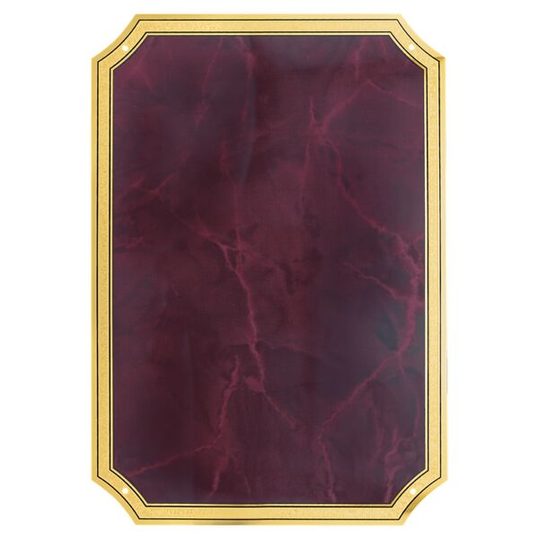 5 1/4" x 7 1/4" Ruby Marble Brass Plated Steel Plate with Four Holes, Notched Corners, and Florentine Design Border Thumbnail