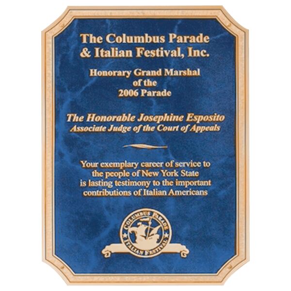 5 1/4" x 7 1/4" Sapphire Marble Brass Plated Steel Plate with Four Holes, Notched Corners, and Florentine Design Border Thumbnail