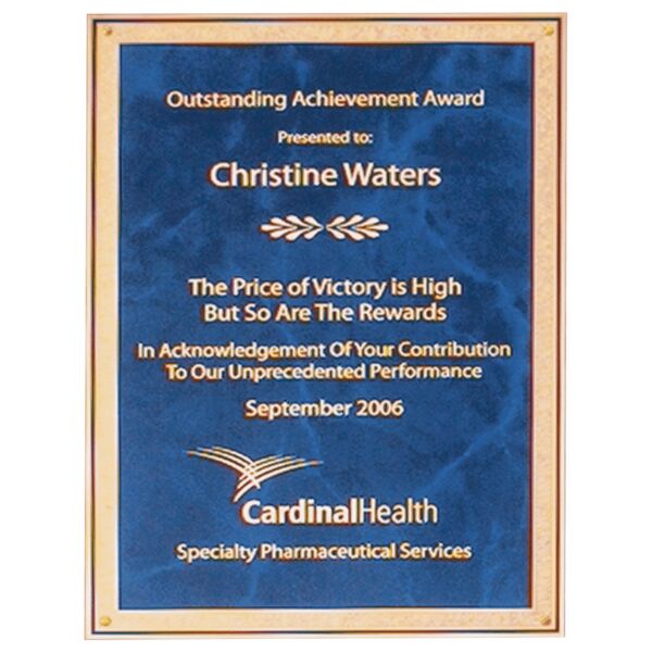 7" x 10" Laser Engravable Brass Plated Steel Sapphire Marble Plate with Florentine Border Thumbnail