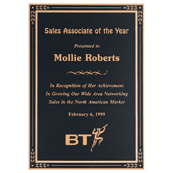 5 1/4" x 7 1/4" Laser Engravable Brass Plated Steel Plate with Florentine Design Border Thumbnail