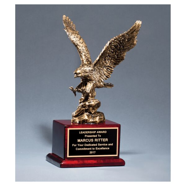 15" Antique Finished Eagle Resin Casting on Piano Finish Base with Laserable Brass Plate Thumbnail