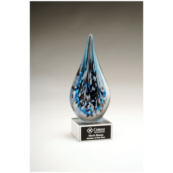 10" Multi-Colored Teardrop Art Glass on Glass Base with Laserable Aluminum Plate Thumbnail